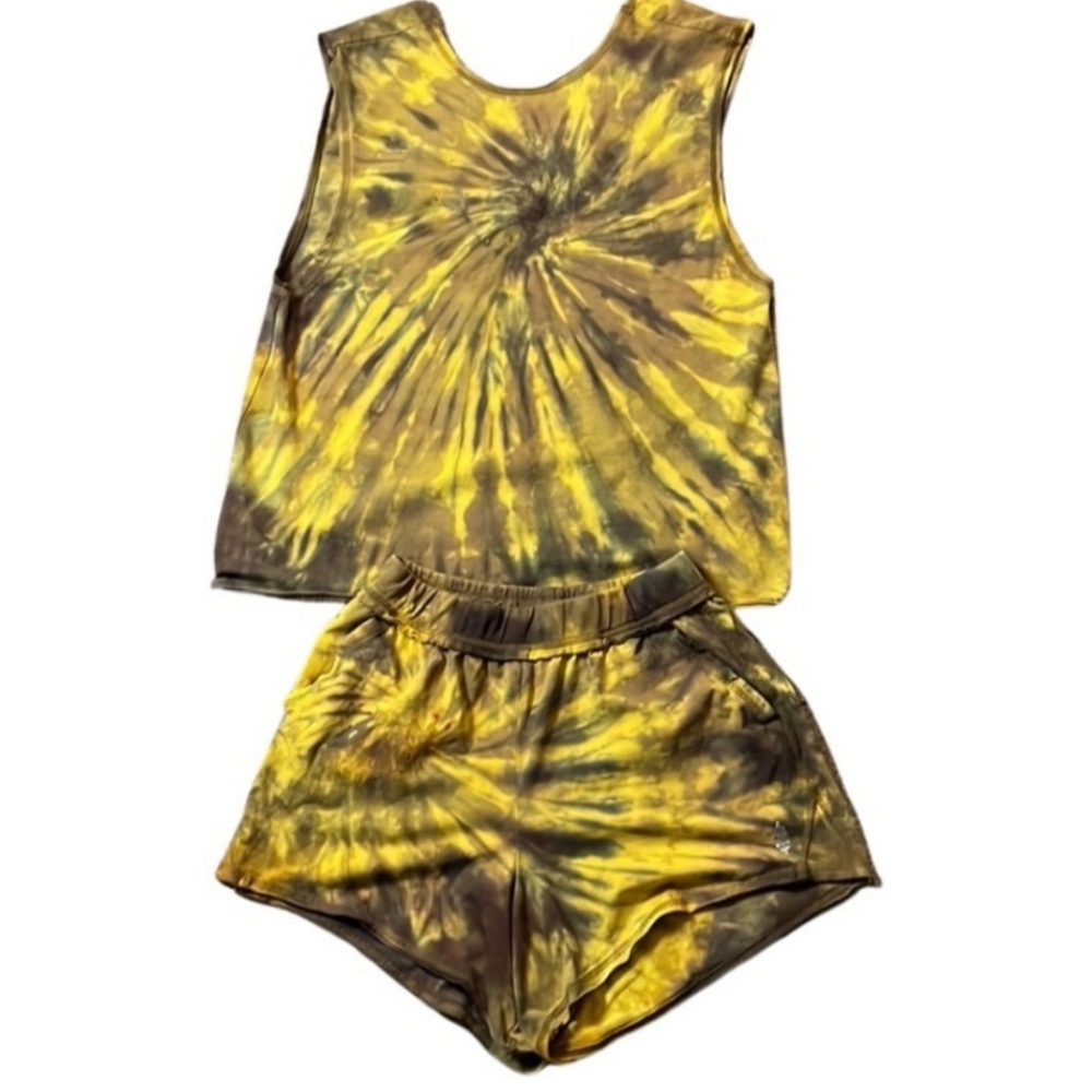 Free People Yellow and Brown Tie-Dye Shorts Set